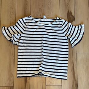 J. Crew Black and White Striped Ruffle Sleeve Tee